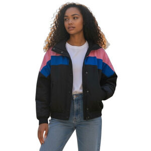 American Eagle Womens Puffer Jacket Size Small Black Multi Cropped Coat Cozy Y2K